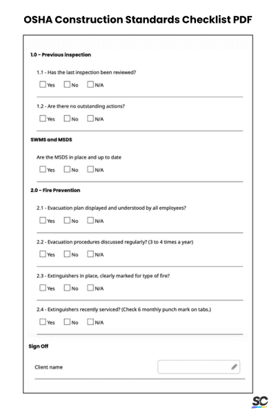 OSHA Construction Standards Checklist PDF