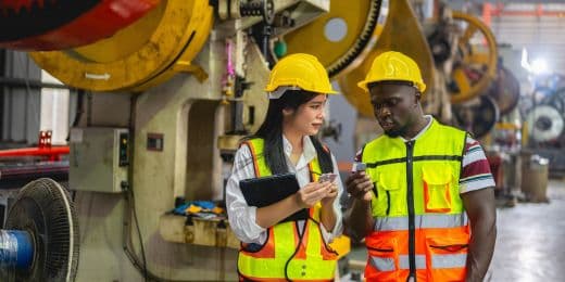 a manufacturing supervisor discussing risk assessment examples to an employee during a practical site risk assessment