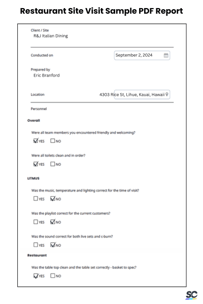 Restaurant Site Visit Sample PDF Report