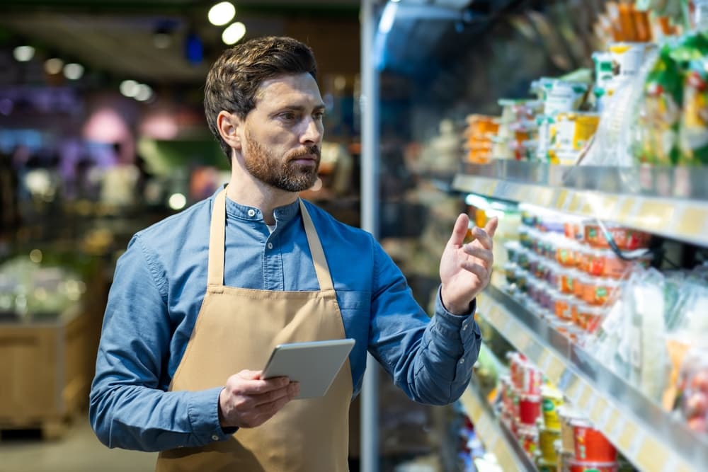A store manager performing checks using retail planning software