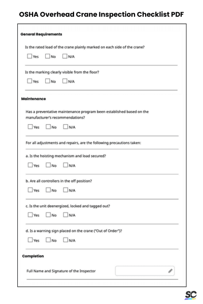 OSHA Overhead Crane Inspection Checklist PDF