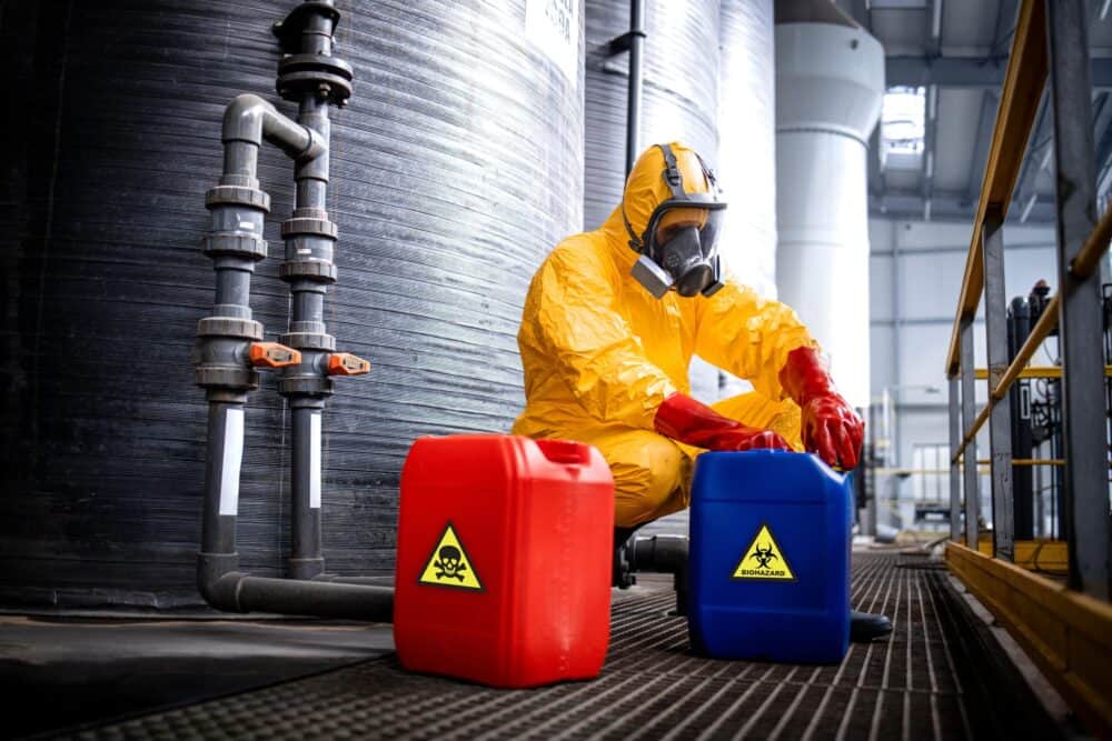 a safety professional ensuring hazcom measures are in place by checking chemical container labels