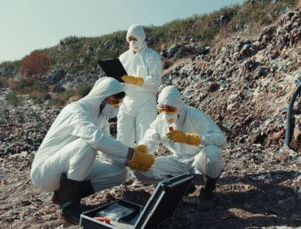 ecologists in white suits conducting scientific examination of land resources