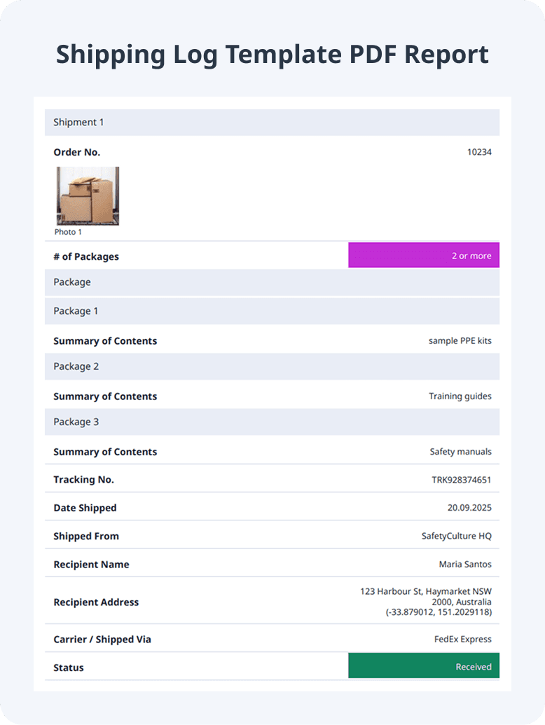 Shipping Log Template PDF Report