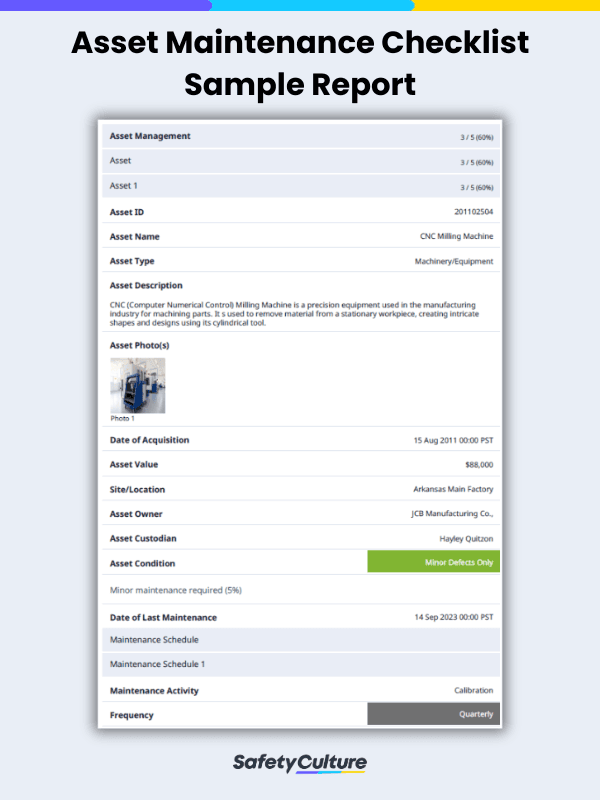 Basic Asset Maintenance Checklist Sample PDF Report | SafetyCulture