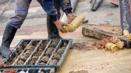 Man inspecting collected soil sample|Man inspecting collected soil sample|Borehole Log Template|
