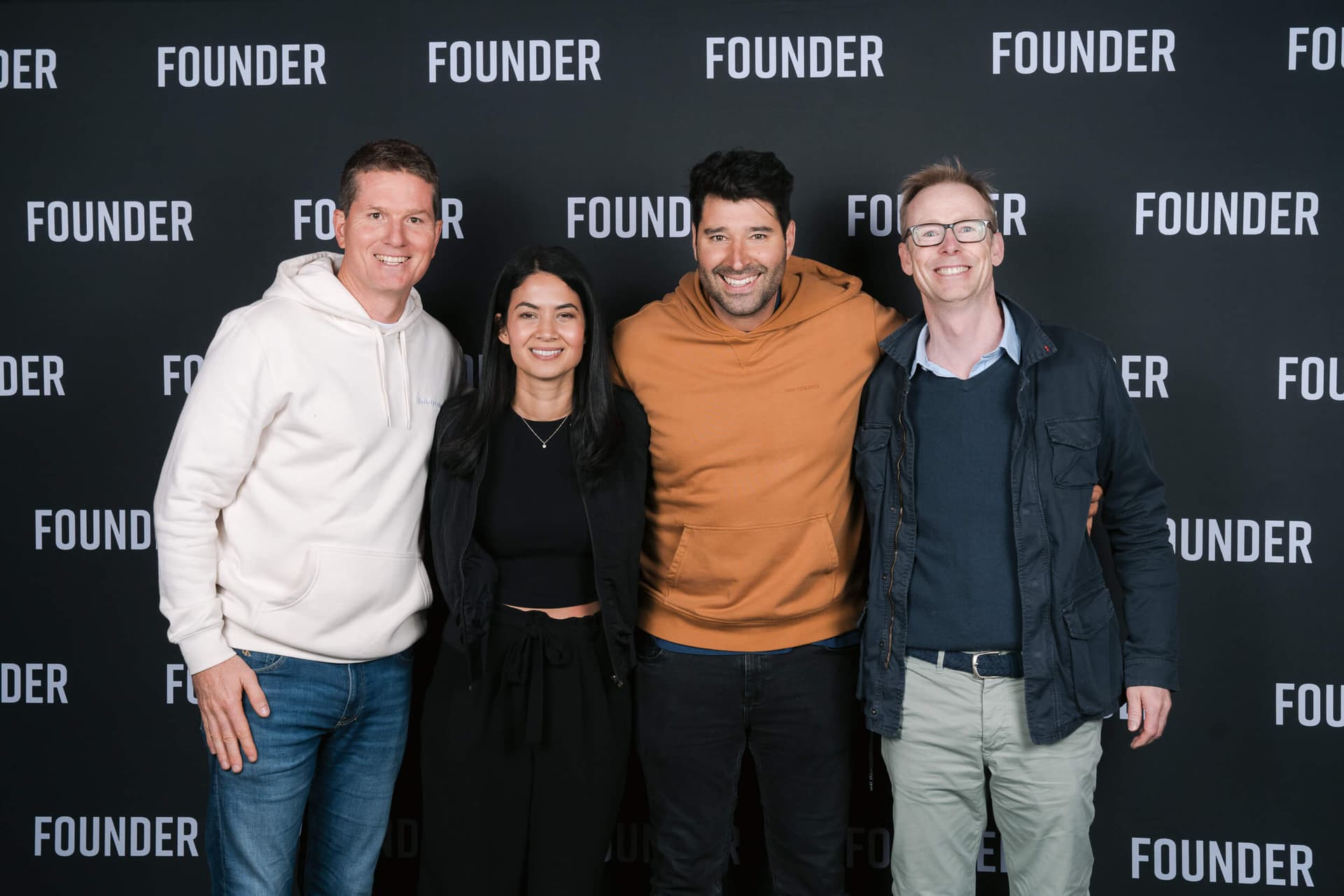 It was all smiles at the Founder premiere screening in Sydney last week. L-R: Luke Anear (SafetyCulture), Melanie Perkins and Cliff Oberecht (Canva), and Rick Baker (Blackbird Ventures).