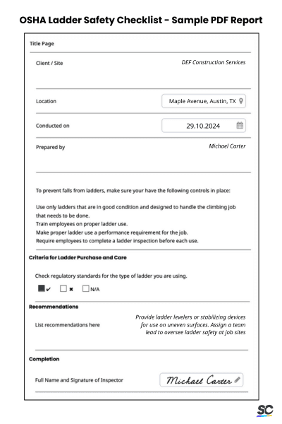 OSHA Ladder Safety Checklist - Sample PDF Report