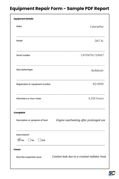 Equipment Repair Form - Sample PDF Report