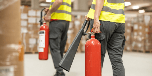 Two inspectors practicing warehouse emergency preparedness