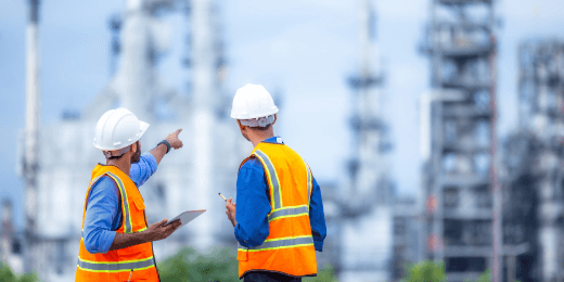Two engineers wearing safety vests and helmets inspecting an industrial plant, with one pointing toward equipment in the background.