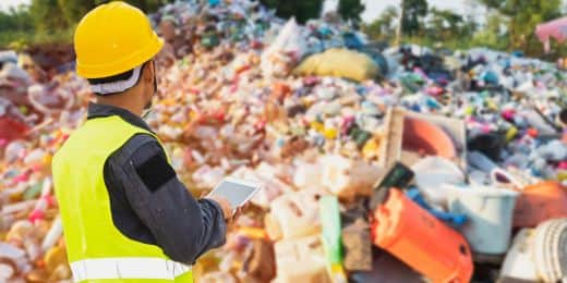 worker at a landfill conducting plasic waste management procedures