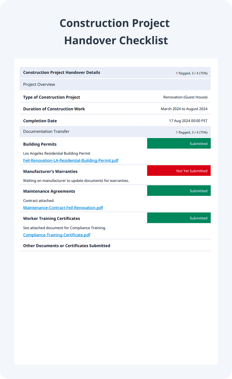 Construction Project Handover Checklist Sample Report