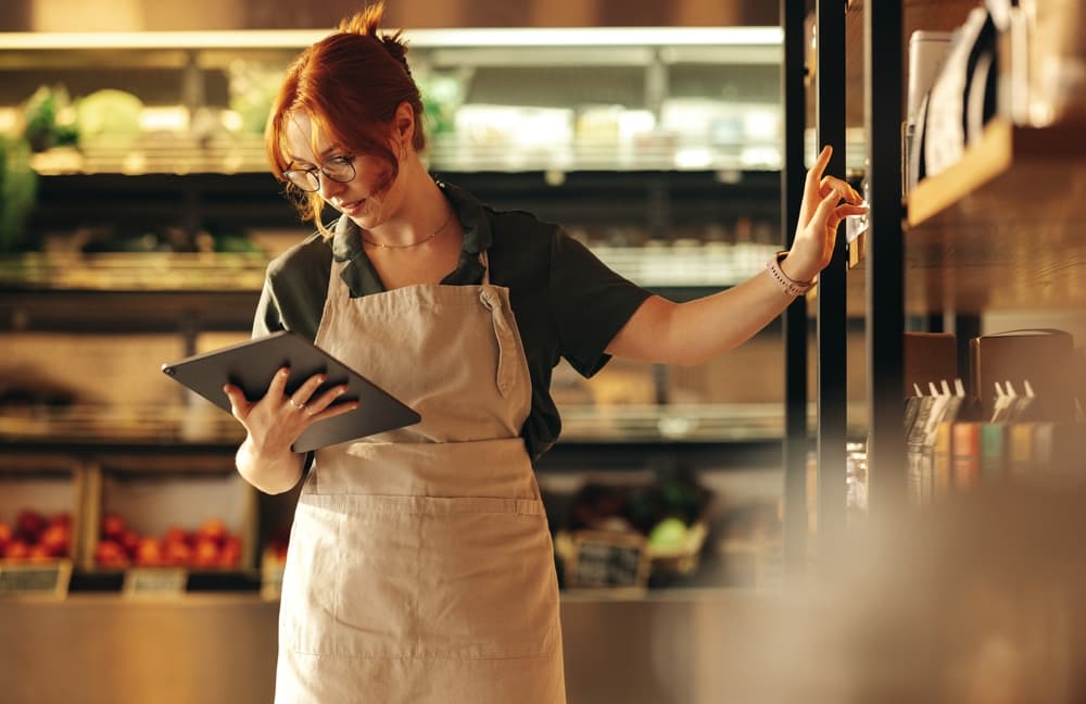 a shopkeeper performing checks using grocery inventory management software