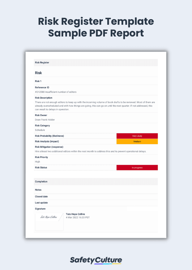 Risk Register Template Sample PDF Report