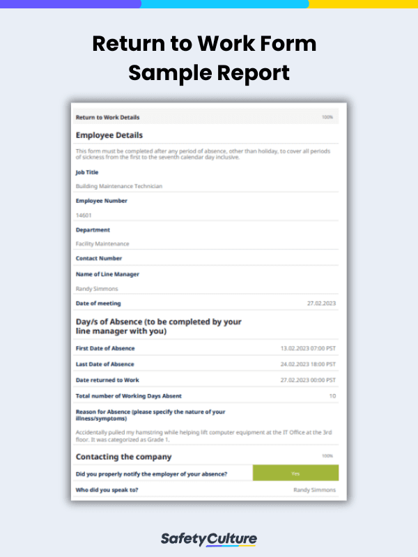 Employee Return to Work Form Sample PDF Report