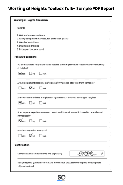 Working at Heights Toolbox Talk - Sample PDF Report