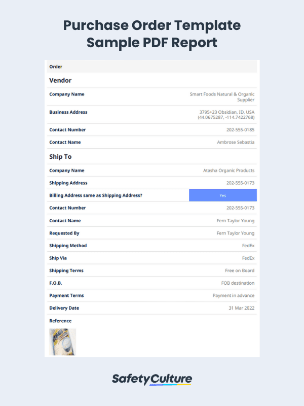 Purchase Order Template Sample PDF Report
