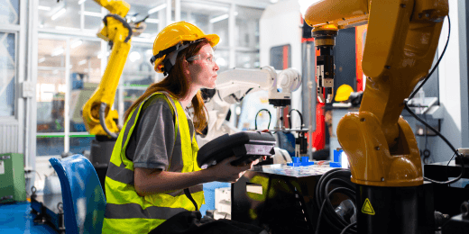 A female inspector following the guidelines of ISO 12100