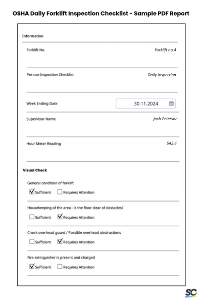 OSHA Daily Forklift Inspection Checklist - Sample PDF Report