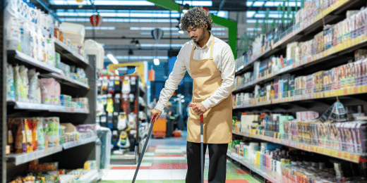 staff ensuring store cleanliness after business hours cleaning a retail store