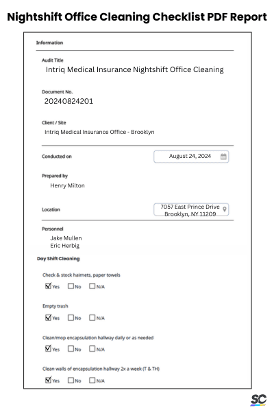 Nightshift Office Cleaning Checklist Sample PDF Report