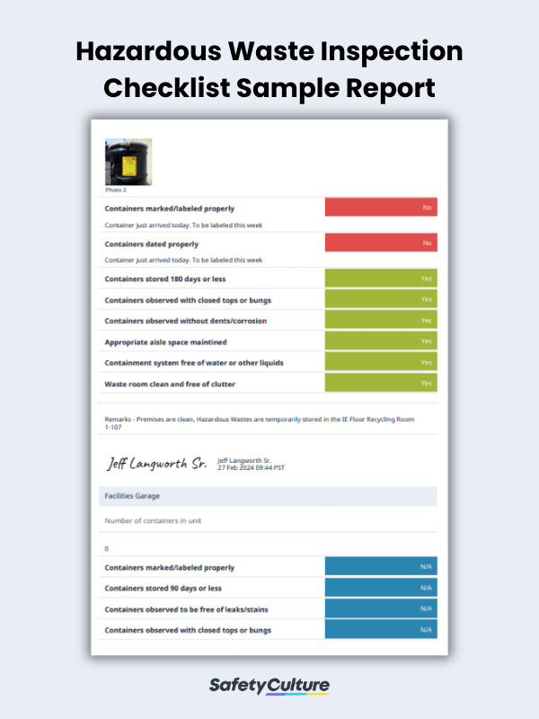 Hazardous Waste Inspection Checklist Sample Report