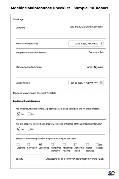 Machine Maintenance Checklist - Sample PDF Report