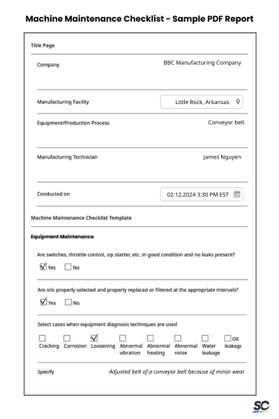 Machine Maintenance Checklist - Sample PDF Report