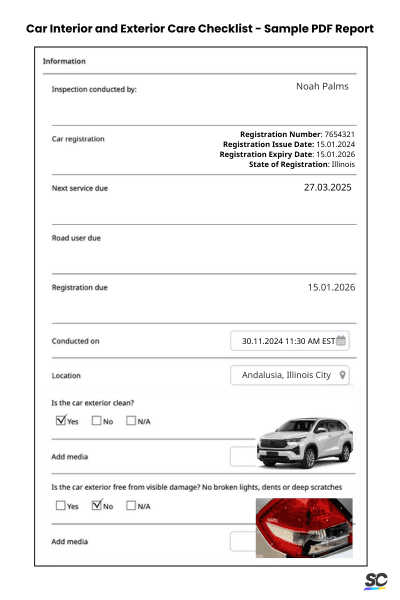 Car Interior and Exterior Care Checklist - Sample PDF Report