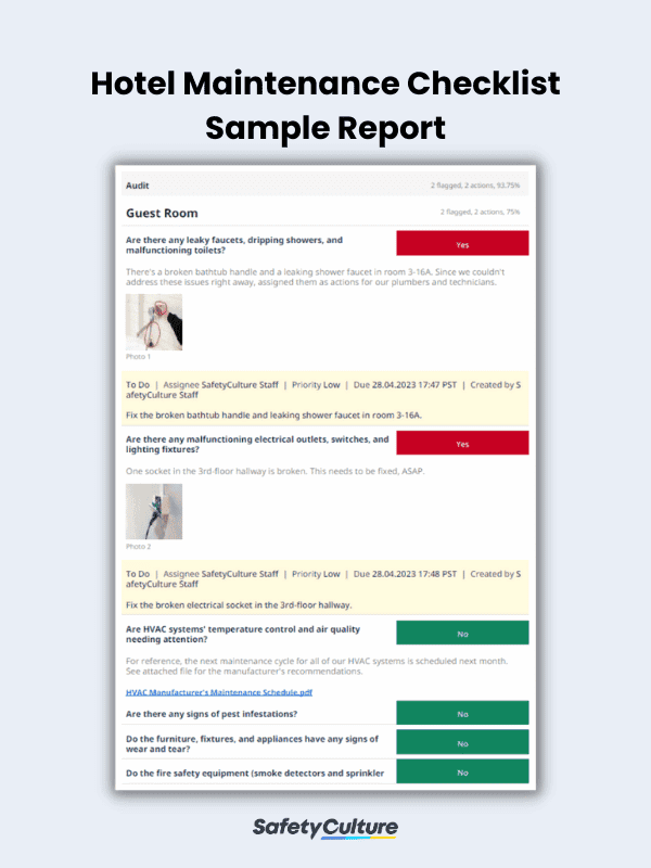 Hotel Maintenance Checklist Sample Report