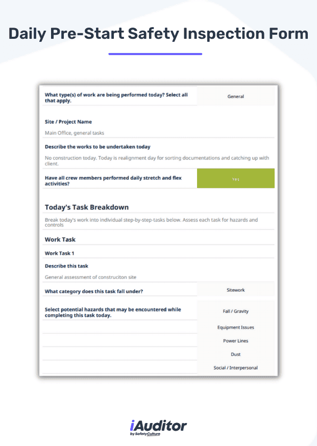 Daily Pre-Start Safety Inspection Form Sample Report