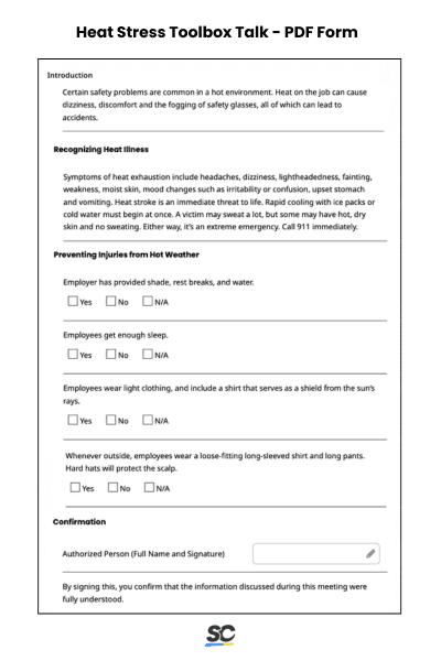 Heat Stress Toolbox Talk - PDF Form