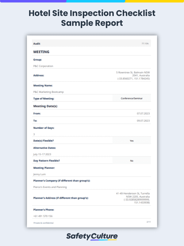 Hotel Site Inspection Checklist Sample Report