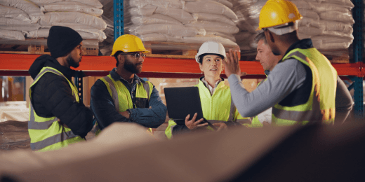 Work team of five people meeting in a warehouse talking with a laptop open