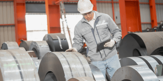 Factory worker wearing safety gear verifying large steel coils while holding a tablet inside an industrial warehouse.