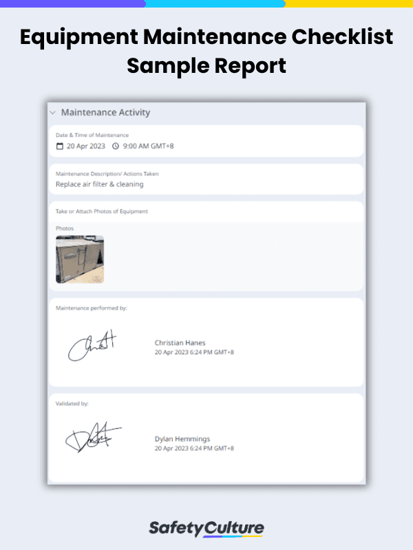 Equipment Maintenance Checklist Template Sample Report