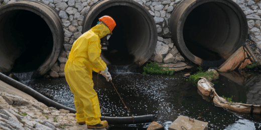 Worker in hazmat suit testing polluted water near drainage pipes.