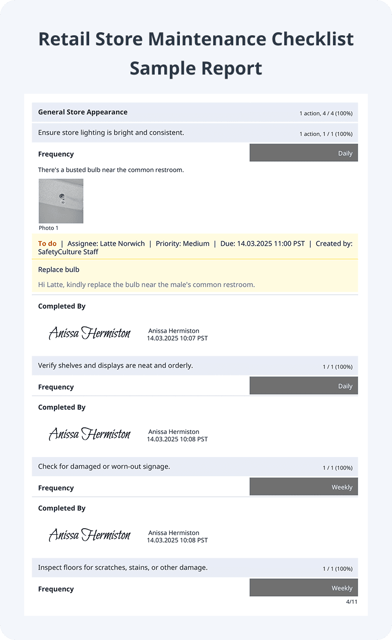 Retail Store Maintenance Checklist Sample Report - New