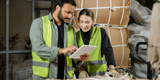 Two waste management technicians reviewing information on a tablet in a recycling facility.