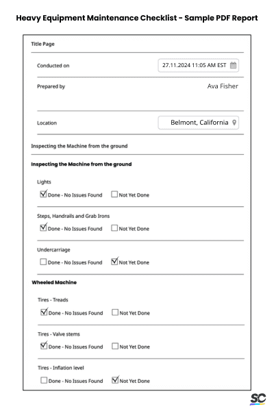 Heavy Equipment Maintenance Checklist - Sample PDF Report