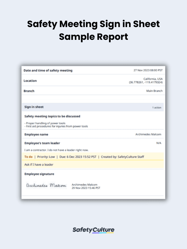 Safety Meeting Sign in Sheet & Attendance Form | SafetyCulture