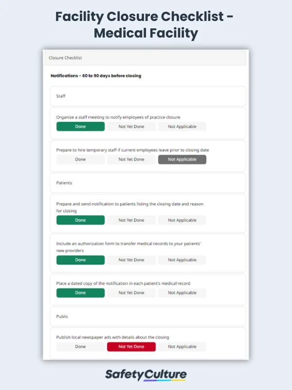 Facility Closure Checklist - Medical Facility