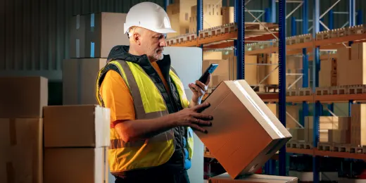 Warehouse worker scanning a cardboard box with a mobile device.