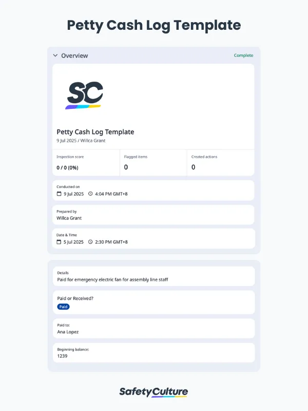 Petty Cash Log Template