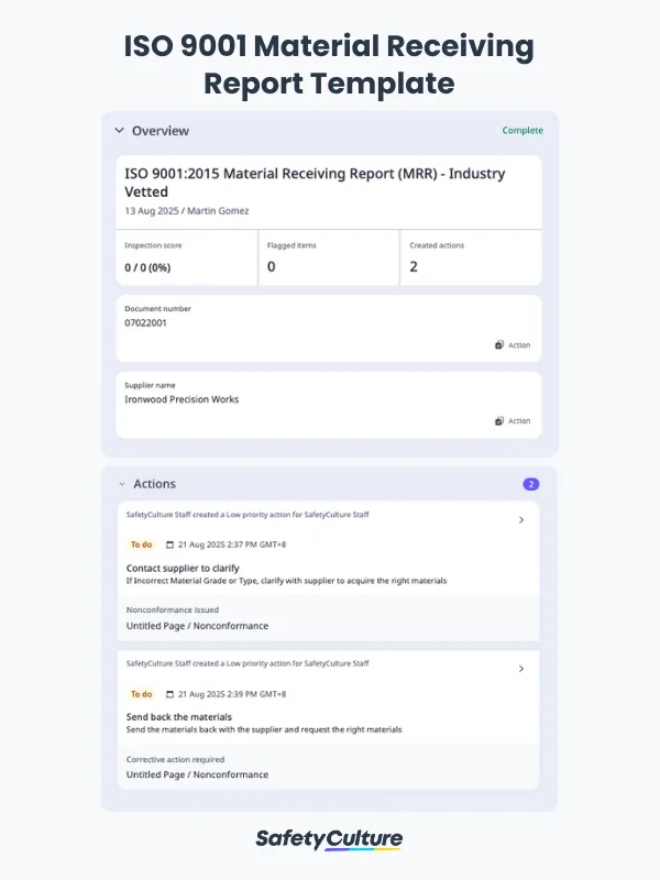 ISO 9001 Material Receiving Report Template