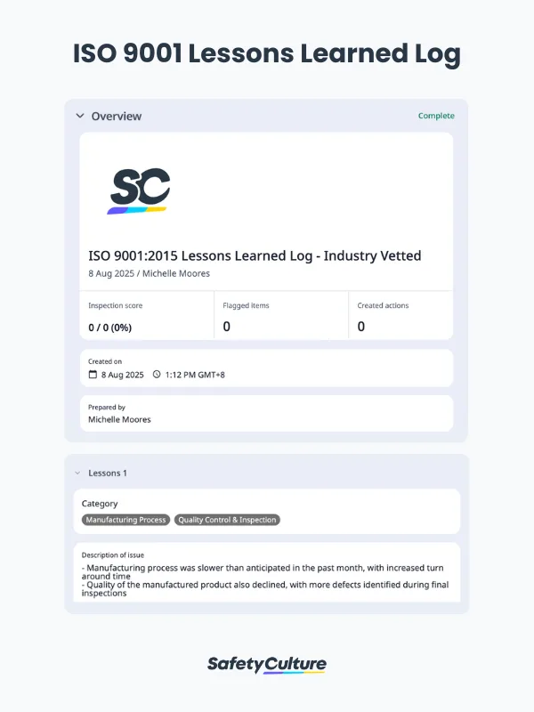 ISO 9001 Lessons Learned Log